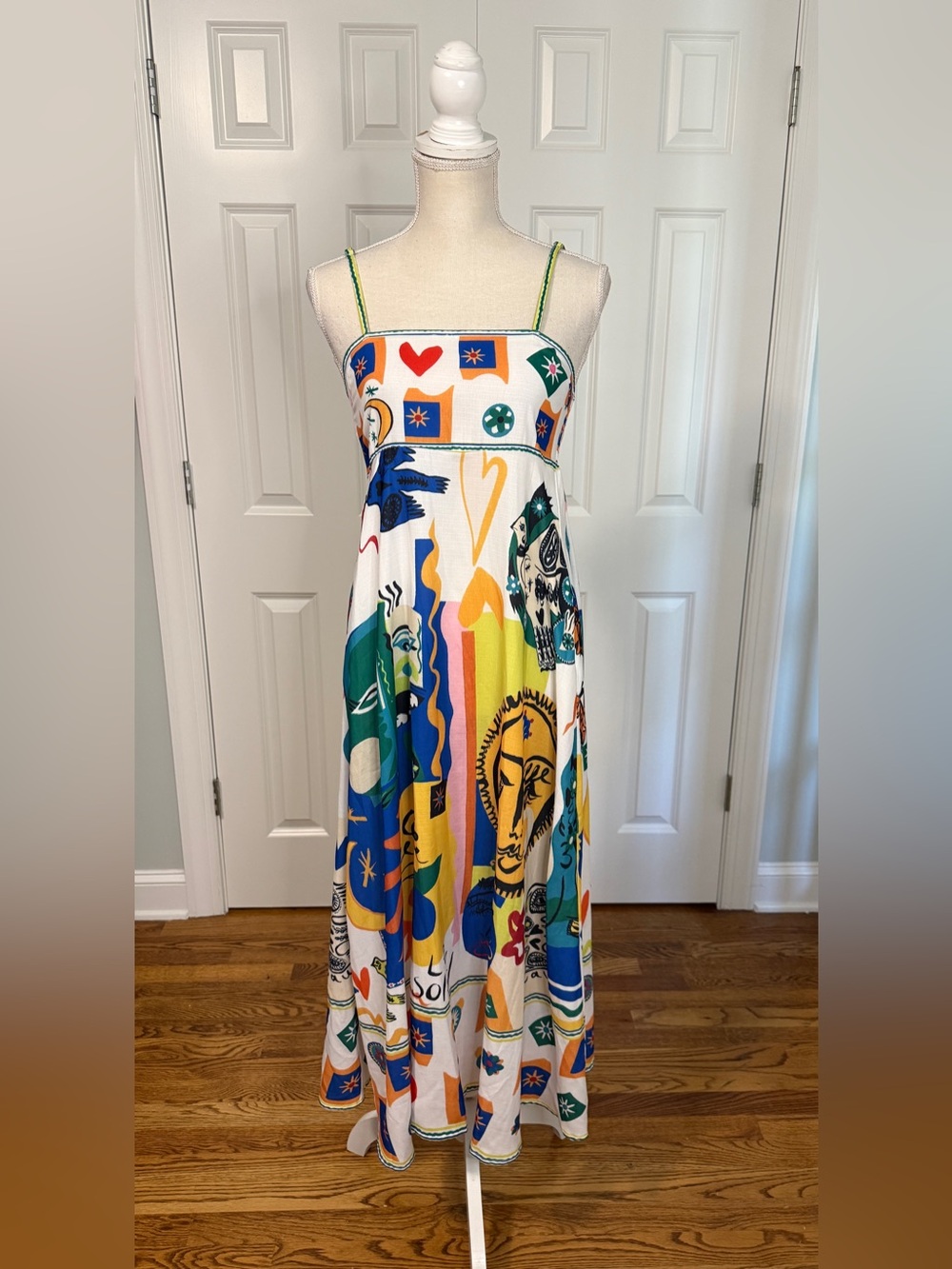 Vibrant Abstract Portrait Print Maxi Dress Square Neck Resort Sun Dress Size XS